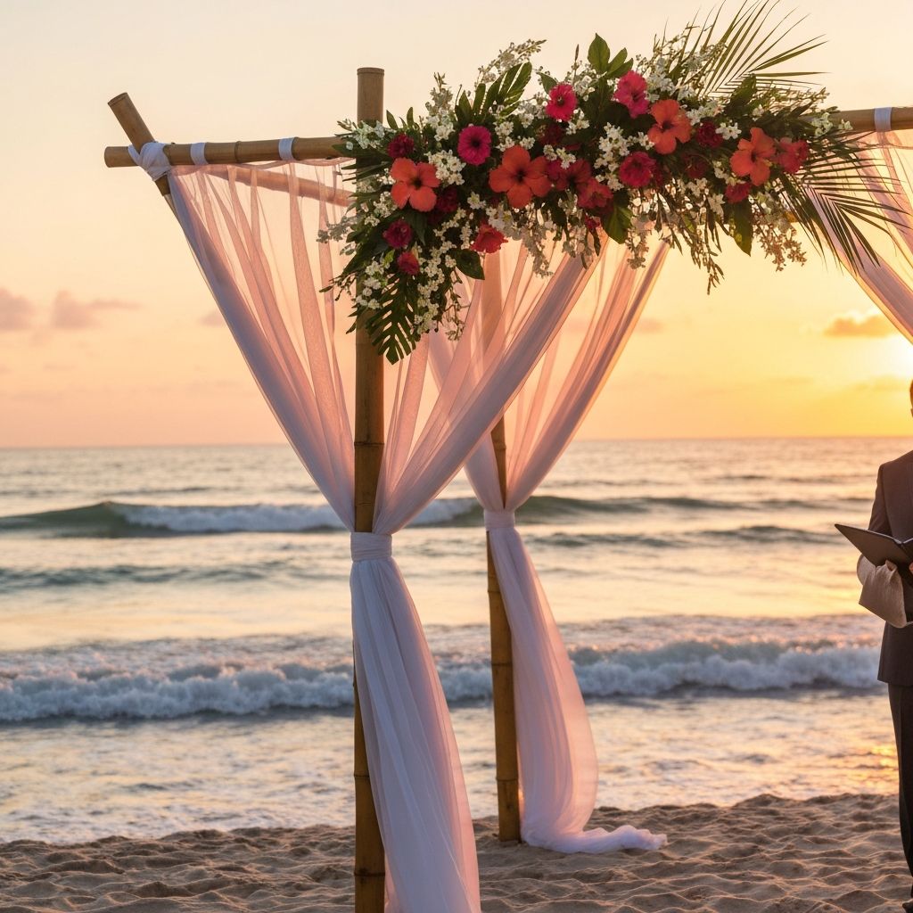 Beach wedding ceremony at sunset