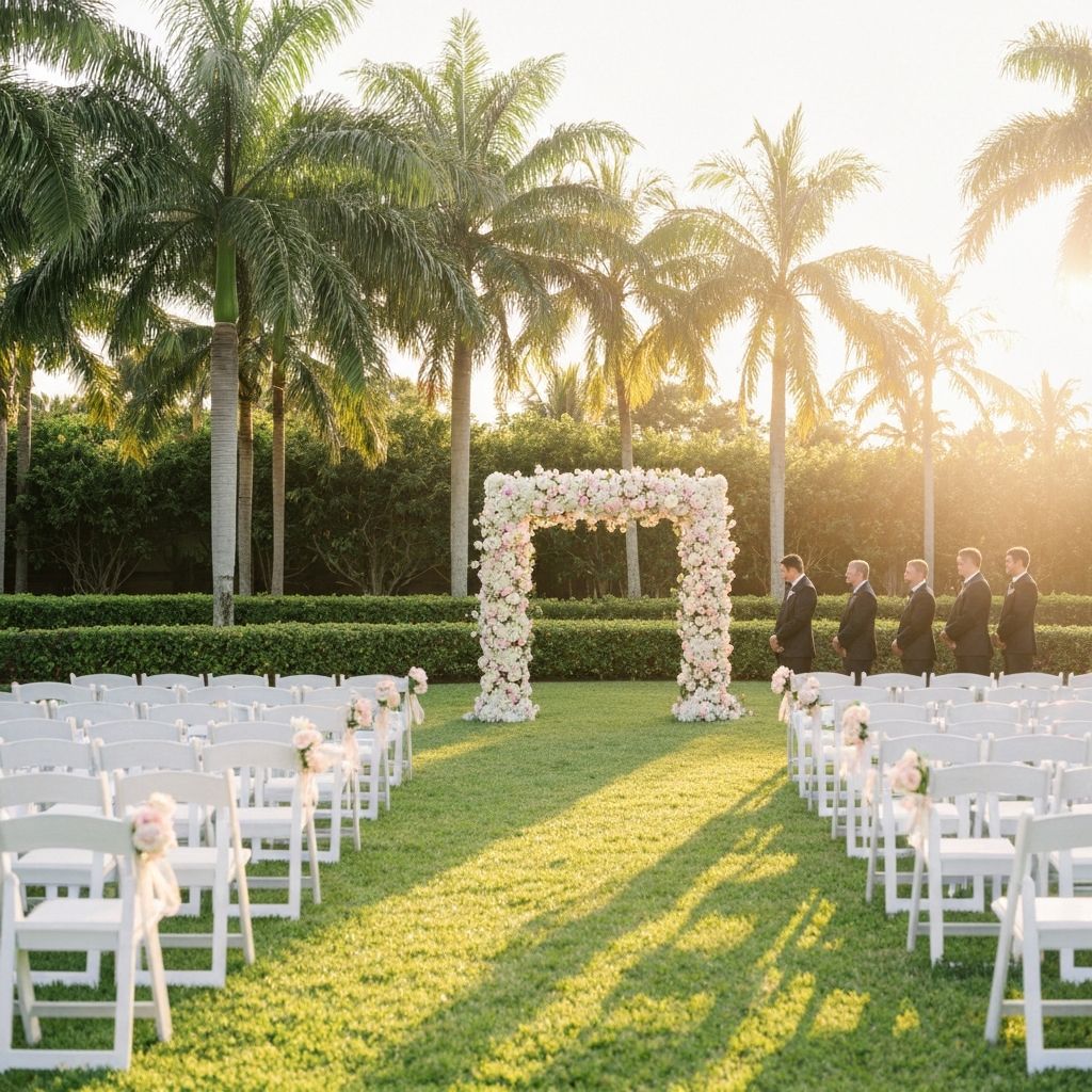 Outdoor garden wedding ceremony at sunset