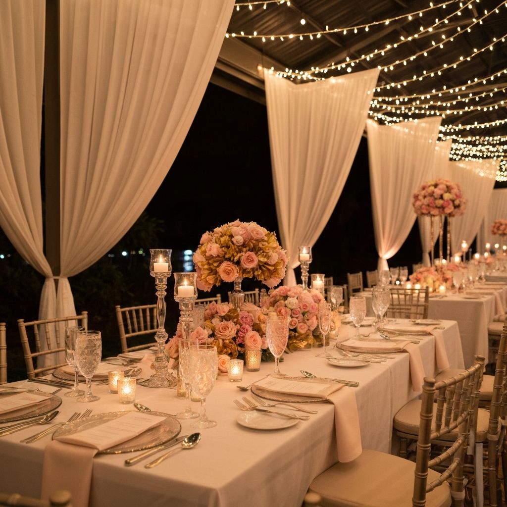 Elegant wedding reception venue with beautiful table settings and floral arrangements