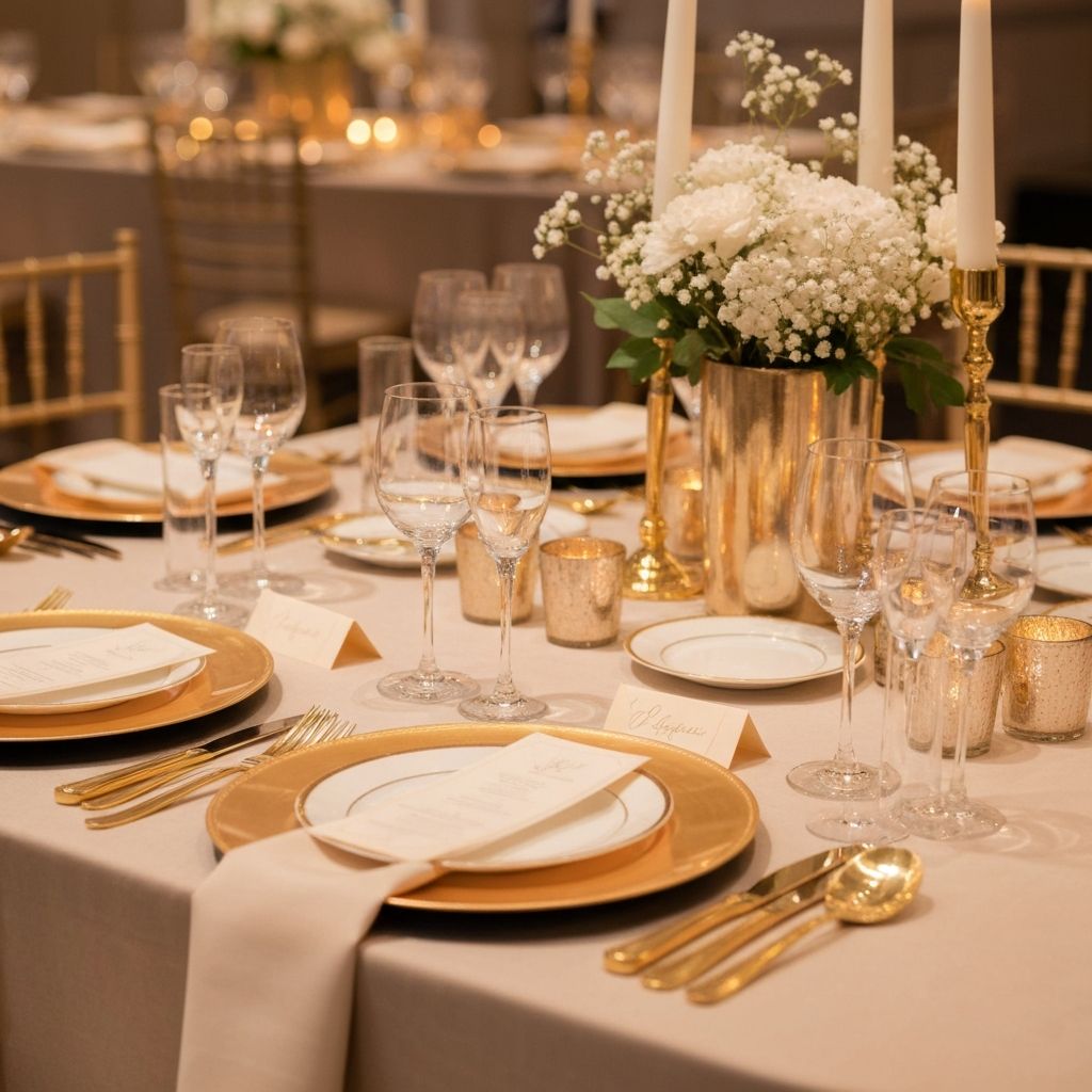 Elegant event tablescape with gold charger plates and fine china